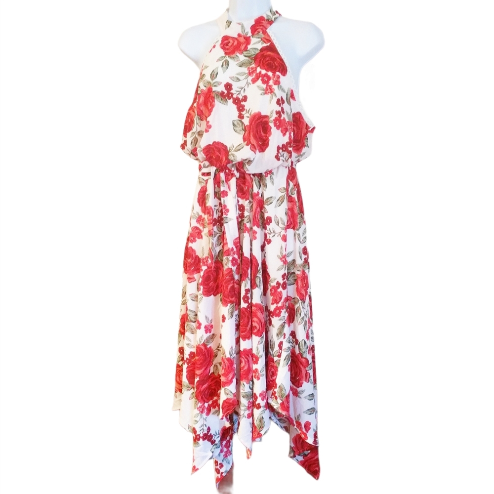 PremierAmour red rose ivory halter top maxi dress